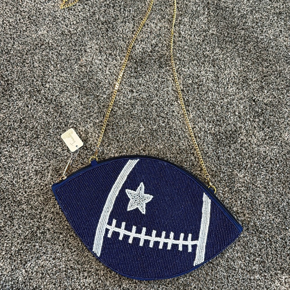 Football-Shaped Blue and White Beaded Bag